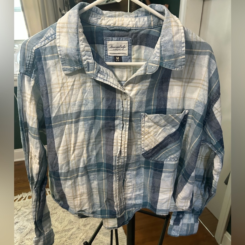 American Eagle Outfitters Blue and Cream Plaid Shirt